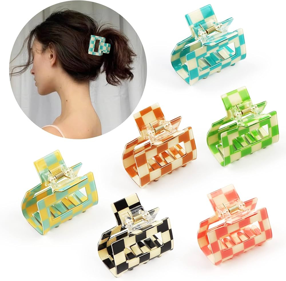 6 Pack Checkered Hair Claw Clips,Multicolored Square Medium Hair Clips, Non-Slip Claw Clips Hair ... | Amazon (US)