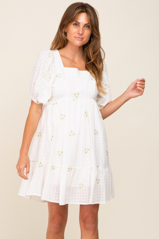 White Floral Embroidered Puff Sleeve Dress | PinkBlush Maternity