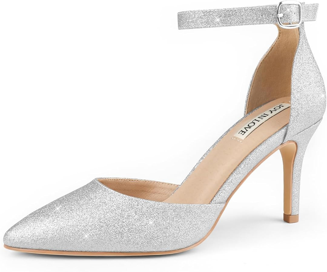 JOY IN LOVE Closed Toe Heels Pumps for Women 3IN Stiletto Pointed Toe Ankle Strap Heels | Amazon (US)