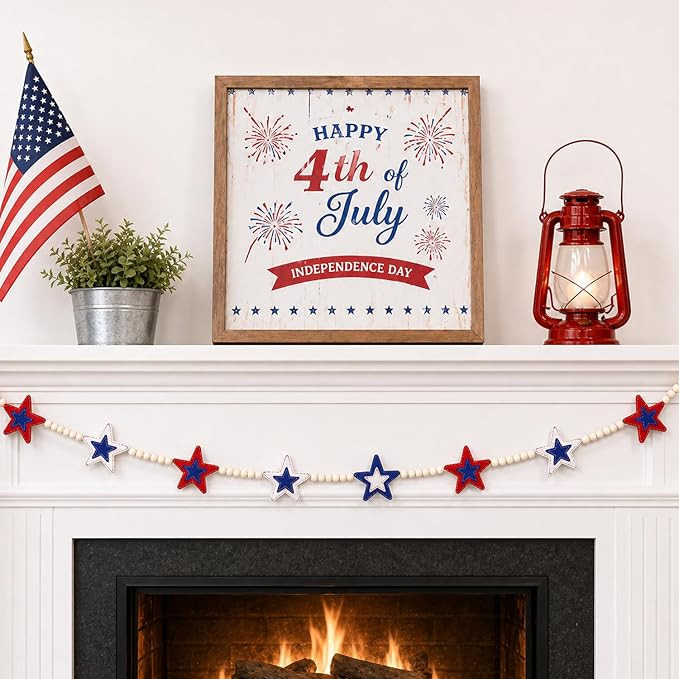 6.5ft Patriotic Garland American Felt Wooden Beads Banner for Patriotic, 4th of July Garlands for... | Amazon (US)