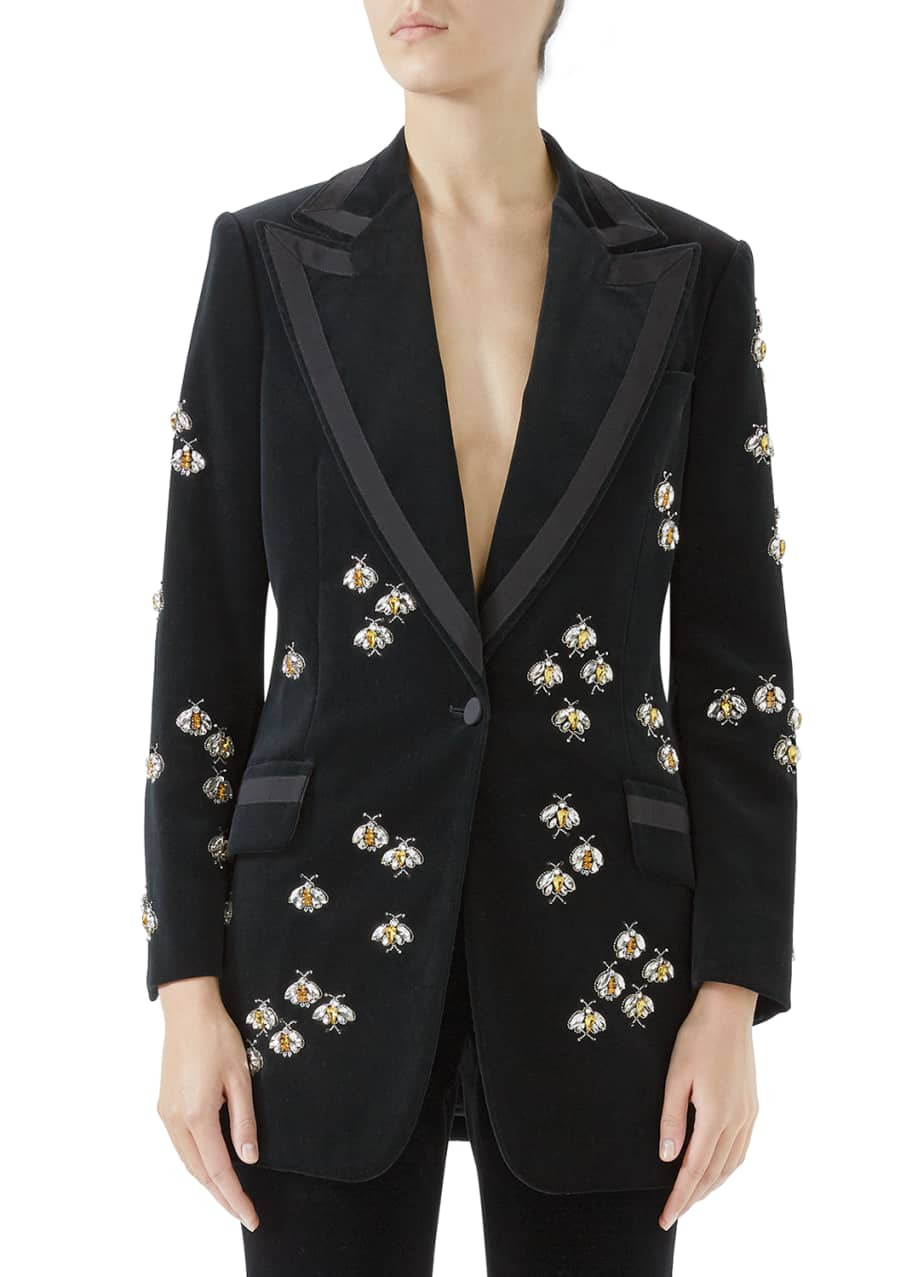 Single-Breasted Peak-Lapel Matte Stretch-Velvet Blazer w/ Bee Embellishments | Bergdorf Goodman