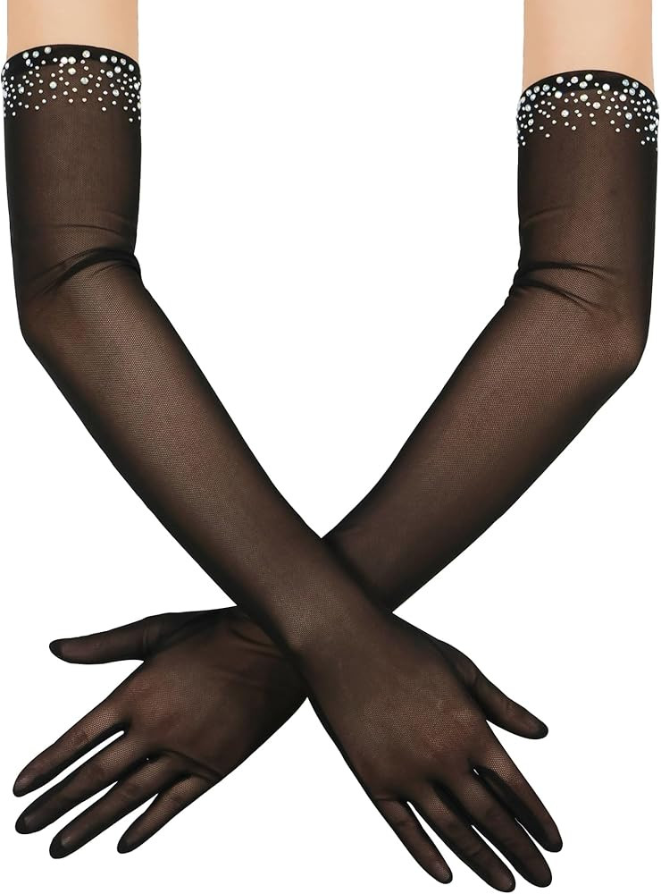 Women's Long Sheer Gloves Beaded Tulle Mesh Gloves for Opera Wedding Party Dance Prom | Amazon (US)