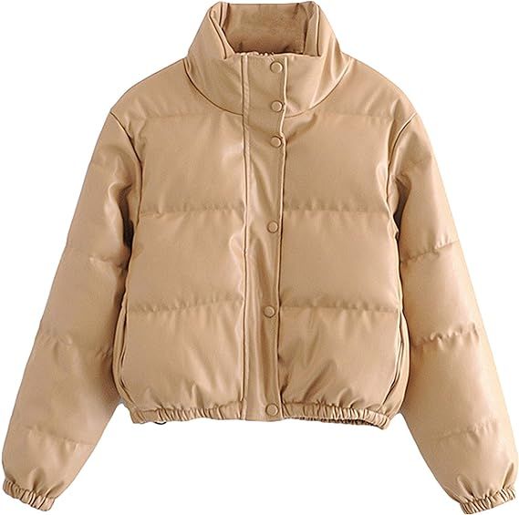Tanming Women's Zip Up Faux PU Leather Bubble Coat Warm Short Puffer Jacket | Amazon (US)
