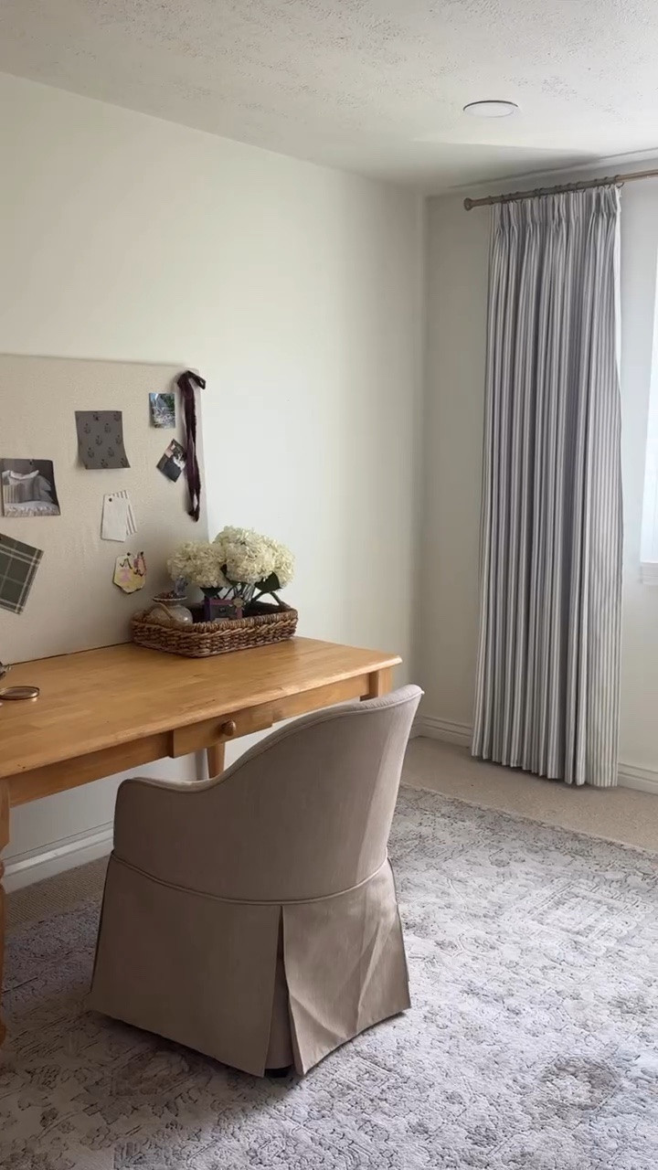 Creating the Nancy Meyers home office of my dreams 🥹 it all began with this 90’s dining table I found on FBMP for $15 and things from home or the thrift store! My striped curtains are my one new addition and I love them so much! Follow along @ourmountainsidehome_1 if you love classic and transitional home design and diy!  Home office, traditional home, neutral office, Nancy Meyers aesthetic, home views, FBMP, thrift finds, collected home, two pages.  #homeoffice #homedecor #nancymeyersinteriors #homedesign #classichome