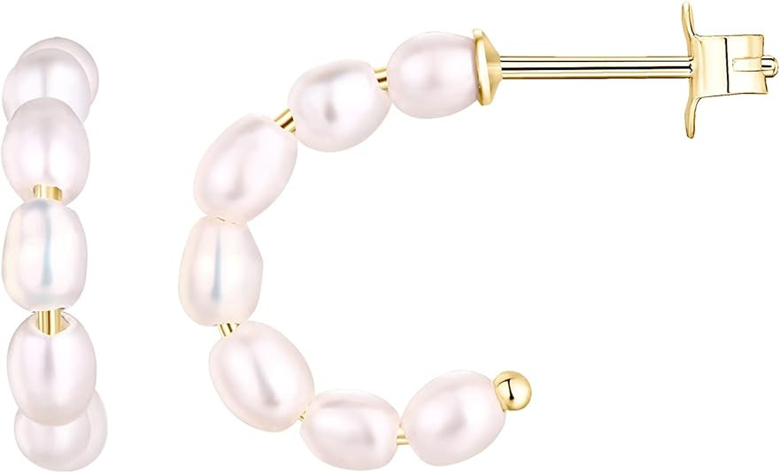 PAVOI 14K Gold Plated 925 Sterling Silver Post Pearl Hoop Earrings | Fresh Water Pearl Lightweigh... | Amazon (US)