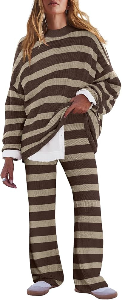 LAMISSCHE Oversized Womens Lounge Set Striped Sweater Set Long Sleeve 2 Piece Pajama Set Top and ... | Amazon (US)
