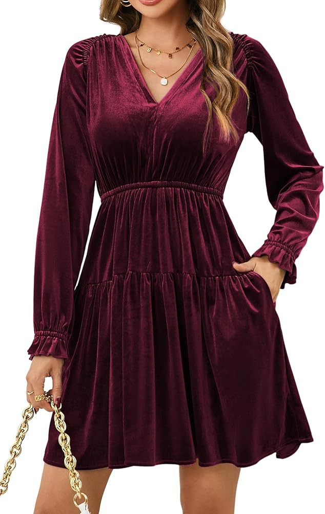 R.Vivimos Womens Fall Velvet Mini Dress V Neck Long Sleeve Elastic Waist Winter Tiered Flowy Swin... | Amazon (US)