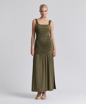 Avec Les Filles Women's Shirred Mesh Drop Waist Maxi Dress - Deep Teal | Macy's