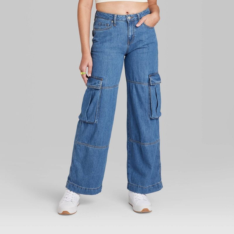 Women's Mid-Rise Cargo Baggy Wide Leg Utility Jeans - Wild Fable™ Medium Wash | Target