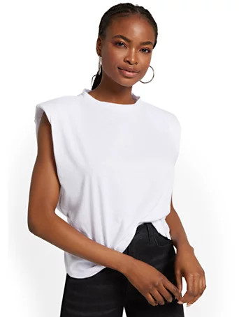 NY & Co Women's Shoulder-Pad Cotton Tee Shirt - Sugarlips White Size Small | New York & Company