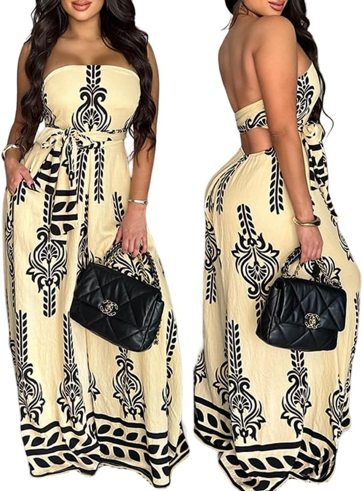 CHICME Womens Boho Jumpsuits Floral Print Strapless Tube Top Romper Tied Detail Wide Leg Casual O... | Amazon (US)