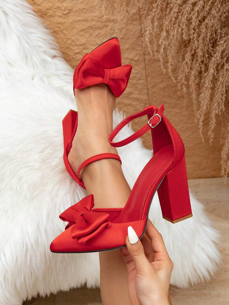 Women's Fashion Hollow-Out Red Leopard Silk Pointed Toe Bow Tie Slip-On Platform Pumps | SHEIN