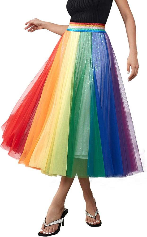 Women Pleated Long Tulle Skirt High Elastic Waist Swing Casual Midi Skirt | Amazon (US)