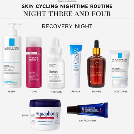 Skin Cycling Nighttime Routine Night 3 and 4 | recovery night | skin recovery | moisturizer | toner | hyaluronic acid | eye repair cream | skin oil | moisturizer | slugging | lip recovery | lip treatment  

#LTKunder50 #LTKunder100 #LTKSeasonal