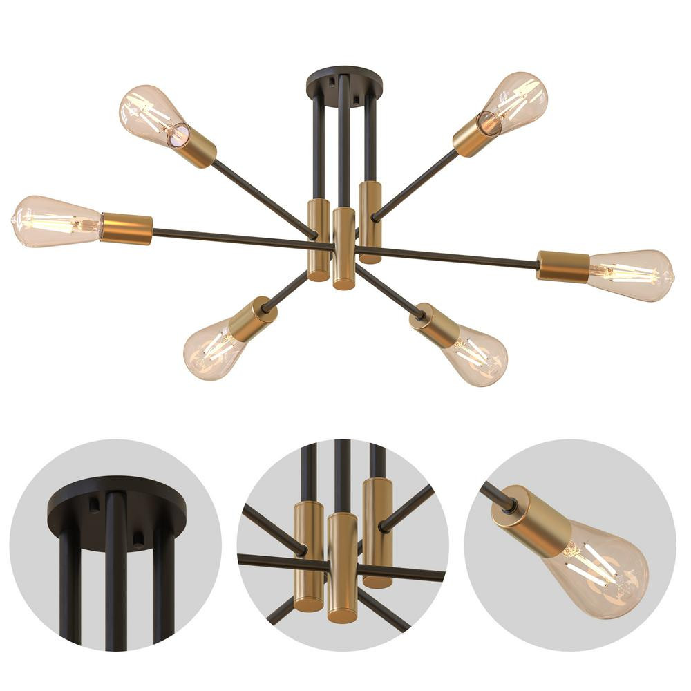 YANSUN 32.7 in. 6-Light Black Unique Modern Sputnik Semi-Flush Mount with Aged Brass Socket Cups | The Home Depot