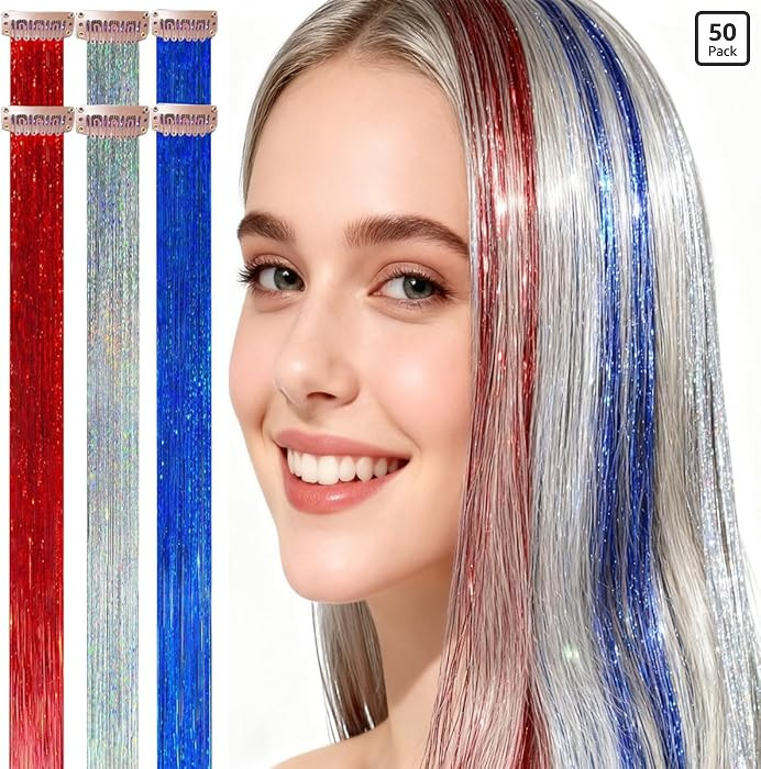 Blue Silver Red Clip In Hair Tinsel,Fairy Hair Strands,Easy to Use,for Women Christmas New Year C... | Amazon (US)