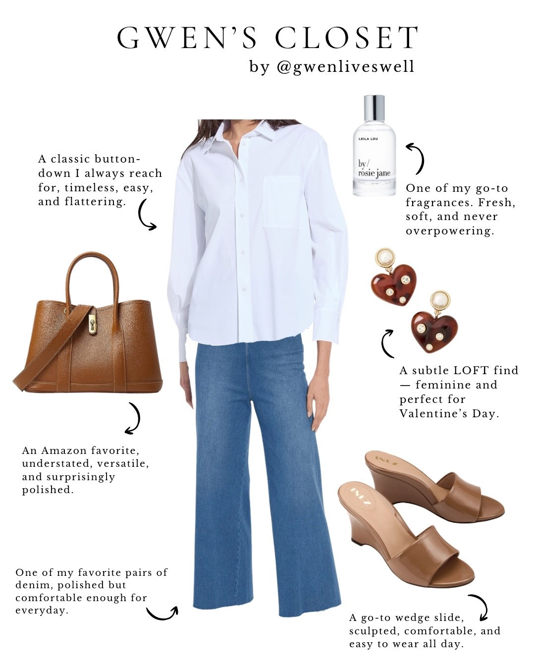 A classic, easy outfit I always come back to 🤍
The button-down and denim from Lysse NY are comfortable, flattering, and effortless to wear day to day. I styled them with a simple wedge slide, an understated bag, and heart earrings — a subtle nod to Valentine’s Day without feeling over the top.

Use code SP26GWEN for 20% off your first order Lysse NY 🤍
Valid for first-time buyers through February 28.

#amazonfinds #theloft #inez

#LTKOver40 #LTKgrwm #LTKootd