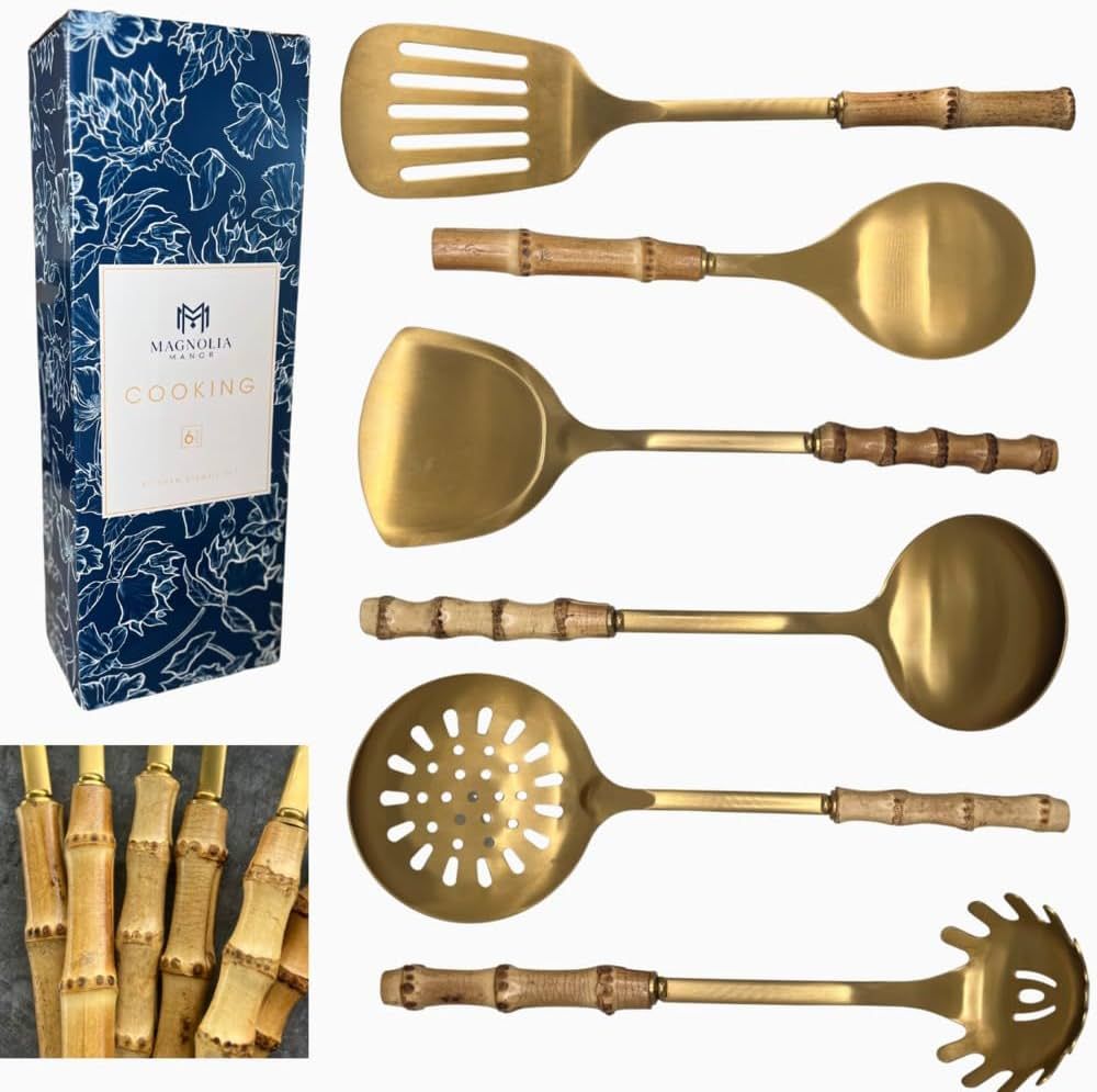 Bamboo Stainless Steel Cooking Tools Utensils Stainless - Brass/Gold Cooking and Serving Utensils... | Amazon (US)