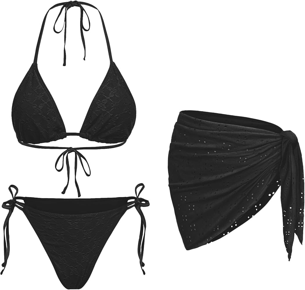 Women 3 Piece Swimsuits - Sexy Triangle Bikini Sets with Cover Up Halter String Tie Side Bathing ... | Amazon (US)
