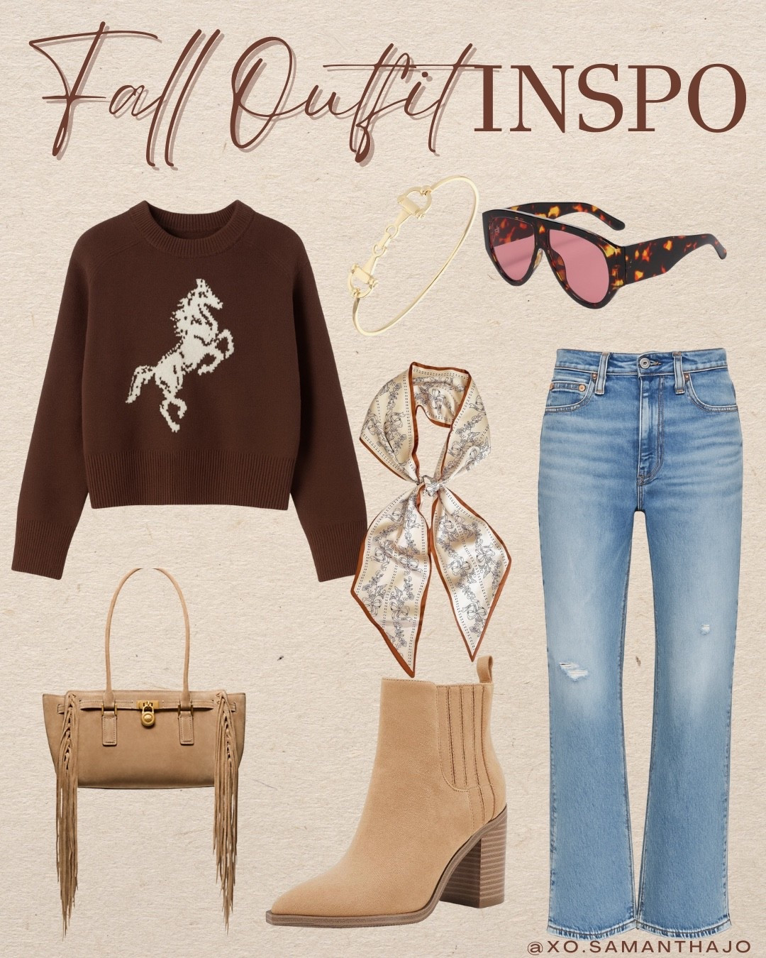 fall outfit inspo, fall fashion, amazon outfit, amazon fall outfit, western outfit inspo, cowgirl chic outfit, horse sweater, equestrian sweater, brown knit sweater, neutral sweater, cozy fall sweater, levi’s jeans, levi’s wedgie bootcut, bootcut jeans, high waisted jeans, denim outfit, fall jeans outfit, suede ankle boots, tan heeled boots, block heel boots, camel boots, fringe suede bag, michael kors bag, western handbag, fall accessories, silk scarf, hair scarf, tortoise sunglasses, gold bracelet, fall capsule wardrobe, neutral fall look, fall travel outfit, what to wear in Jackson Hole, what to wear in Aspen, mountain town outfit, cozy chic outfit, fall brunch outfit, fall weekend outfit, fall style ideas, affordable fall fashion

#LTKSeasonal #LTKStyleTip #LTKItBag