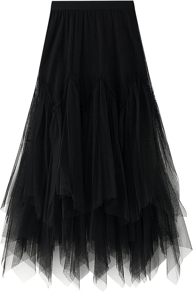 Lu's Chic Women's Tulle Skirt High Low Asymmetrical Elastic Waist A-line Tea-Length Waisted | Amazon (US)