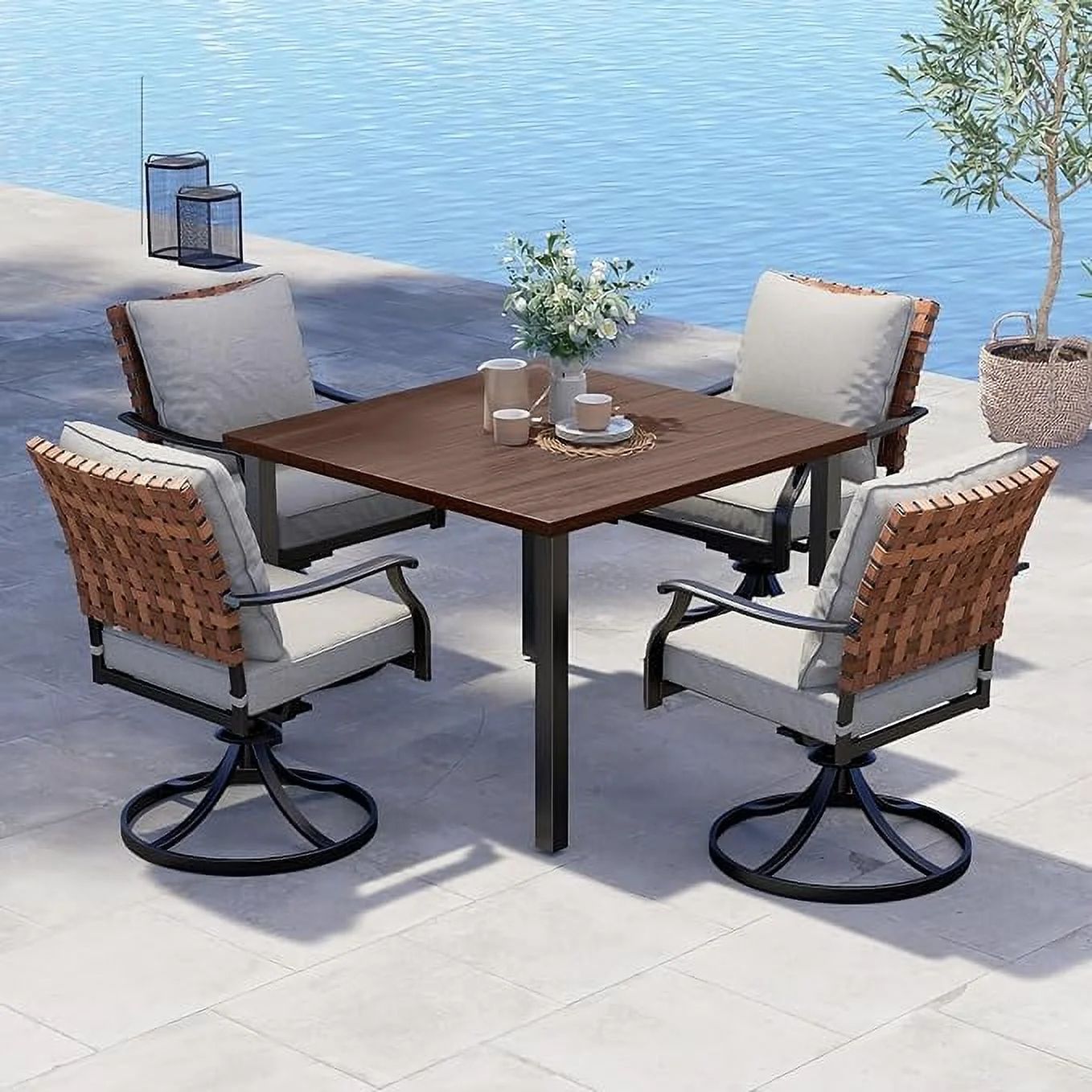 Grand Patio 5-Piece Outdoor Dining Set, 4 Steel Leather-Look Resin Wicker Swivel Patio Chairs & 1... | Walmart (US)