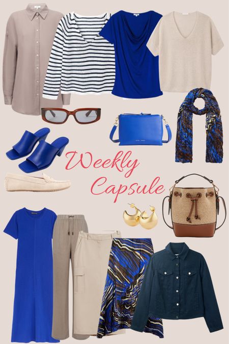 Weekly capsule wardrobe in neutrals and bright blue. Mix of linens, cotton and silk for casual and smart casual outfits

#LTKstyletip #LTKeurope #LTKSeasonal