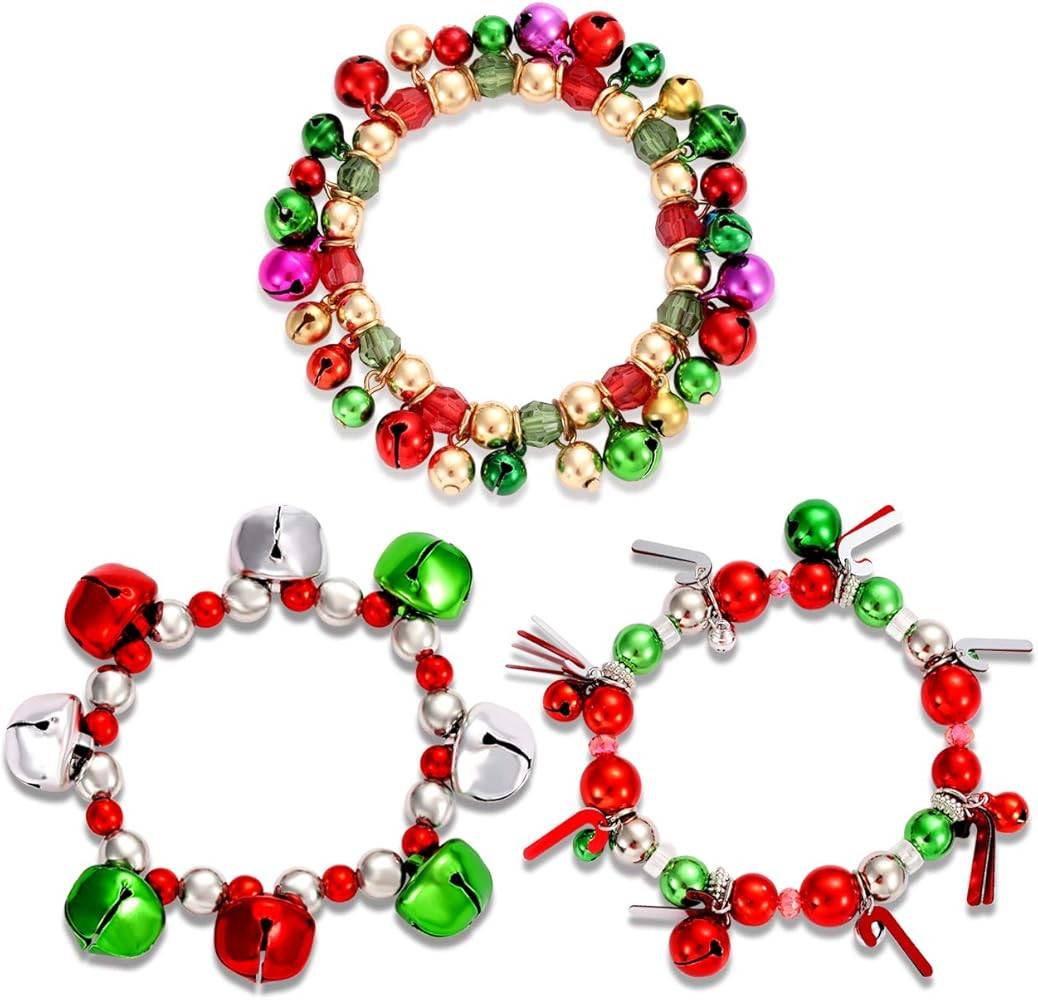 HEIDKRUEGER 3pcs Christmas Jingle Bell Bracelets Xmas Multi Color Beaded Charm Stretch Bracelet C... | Amazon (US)