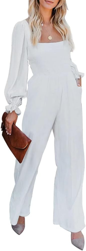 BLENCOT Womens Fashion Ruffle Long Sleeve Jumpsuit High Waisted Long Wide Leg Jumpsuits Rompers S... | Amazon (US)