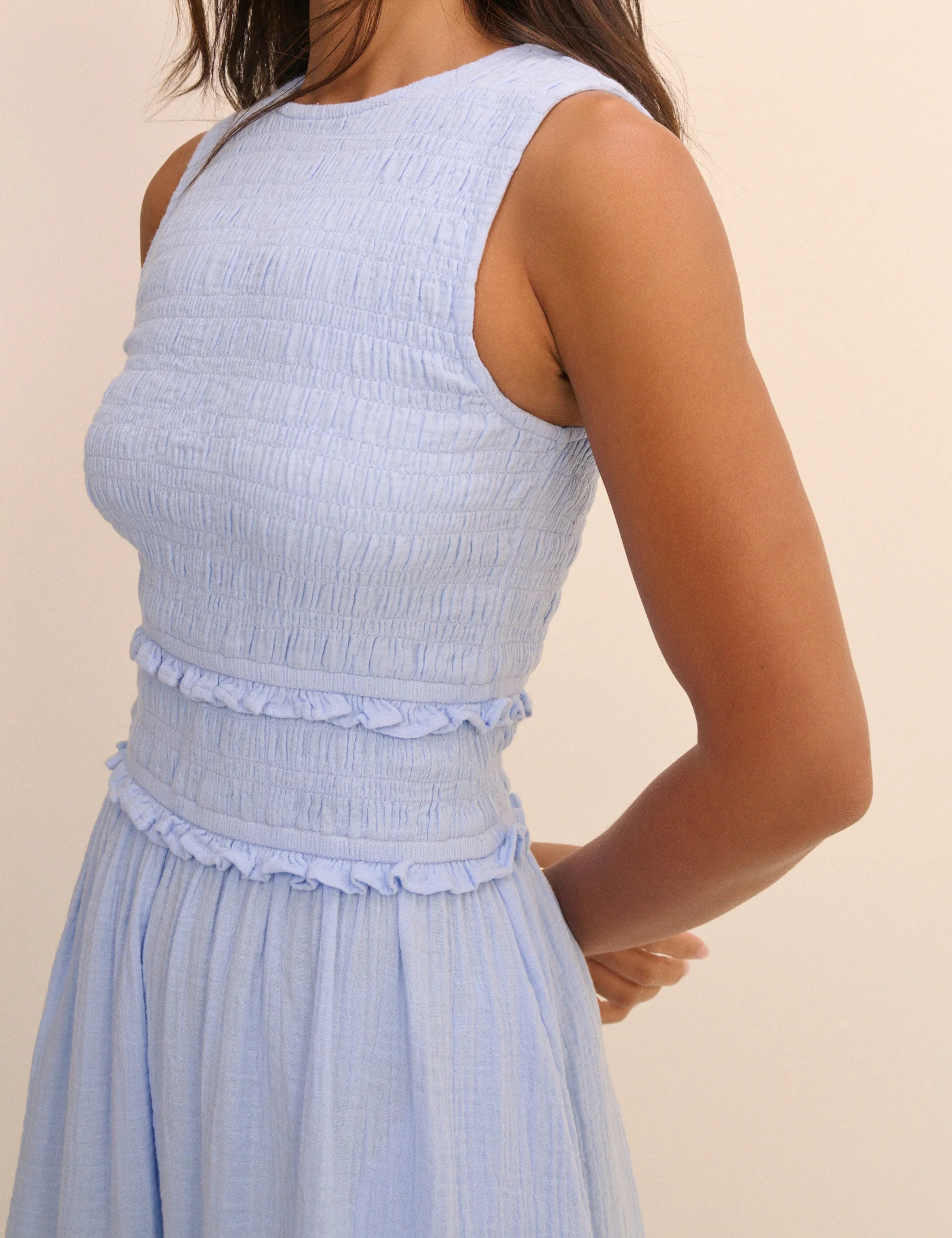 Baby Blue Shirred Bodice Ingrid Midi Dress | Nobody's Child