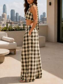 LocalViral Retro Plaid Two Piece Set For Women, Beige Brown Halter Crop Top & Wide Leg Balloon Pa... | SHEIN