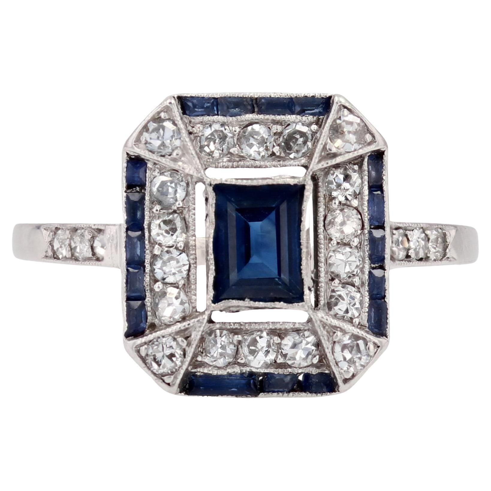 French 1925s Art Deco Sapphire Diamonds Platinum Rectangular Ring | 1stDibs