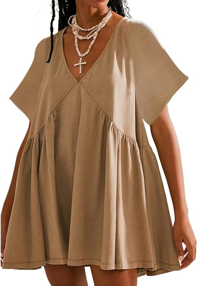 Womens Summer Mini Dress Casual Short Sleeve Loose V Neck Swing Sundress with Pocket | Amazon (US)