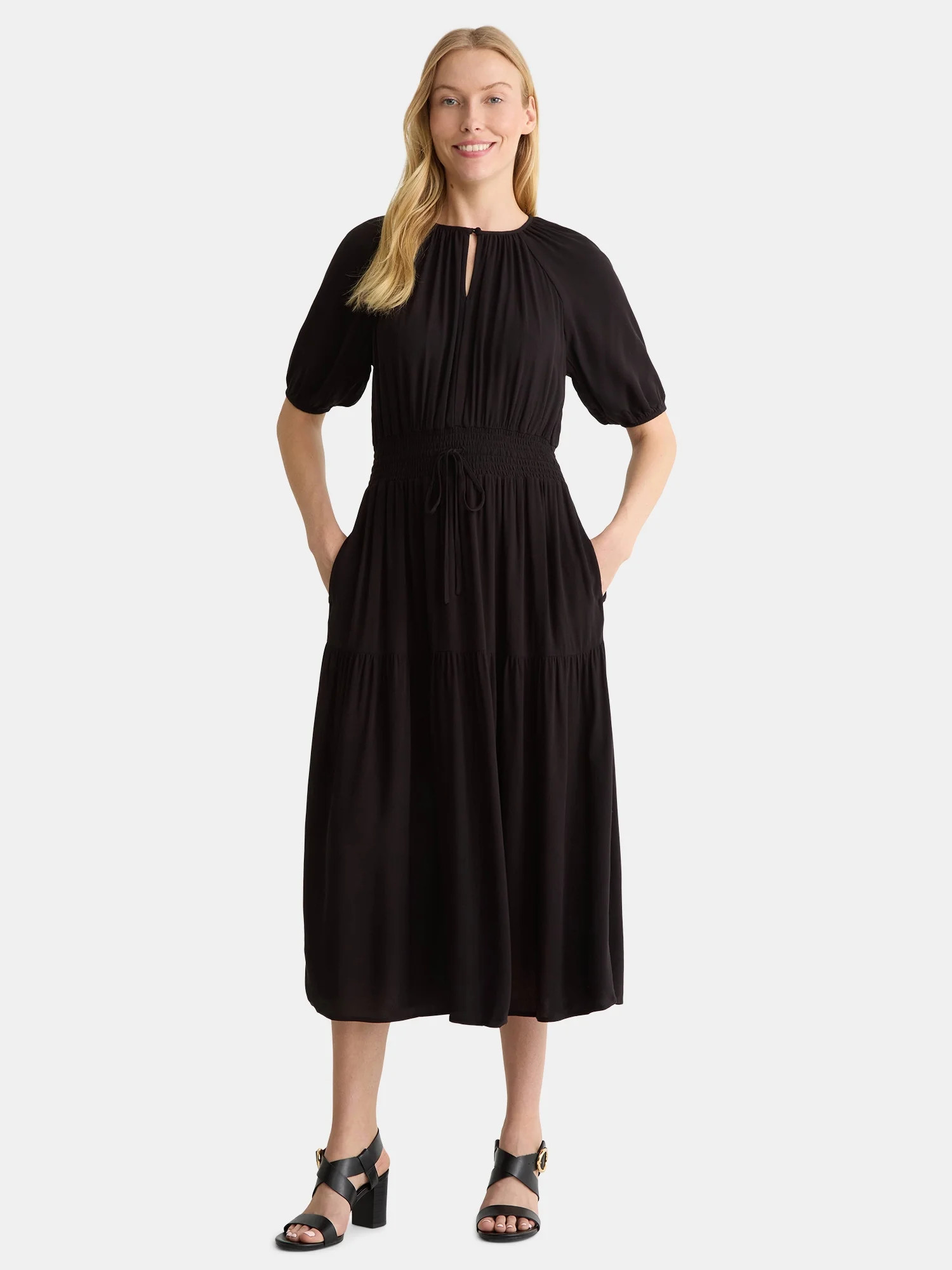 Time And Tru Women's Tiered Smocked Waist Midi Dress with Short Sleeves, Sizes XS-XXXL | Walmart (US)