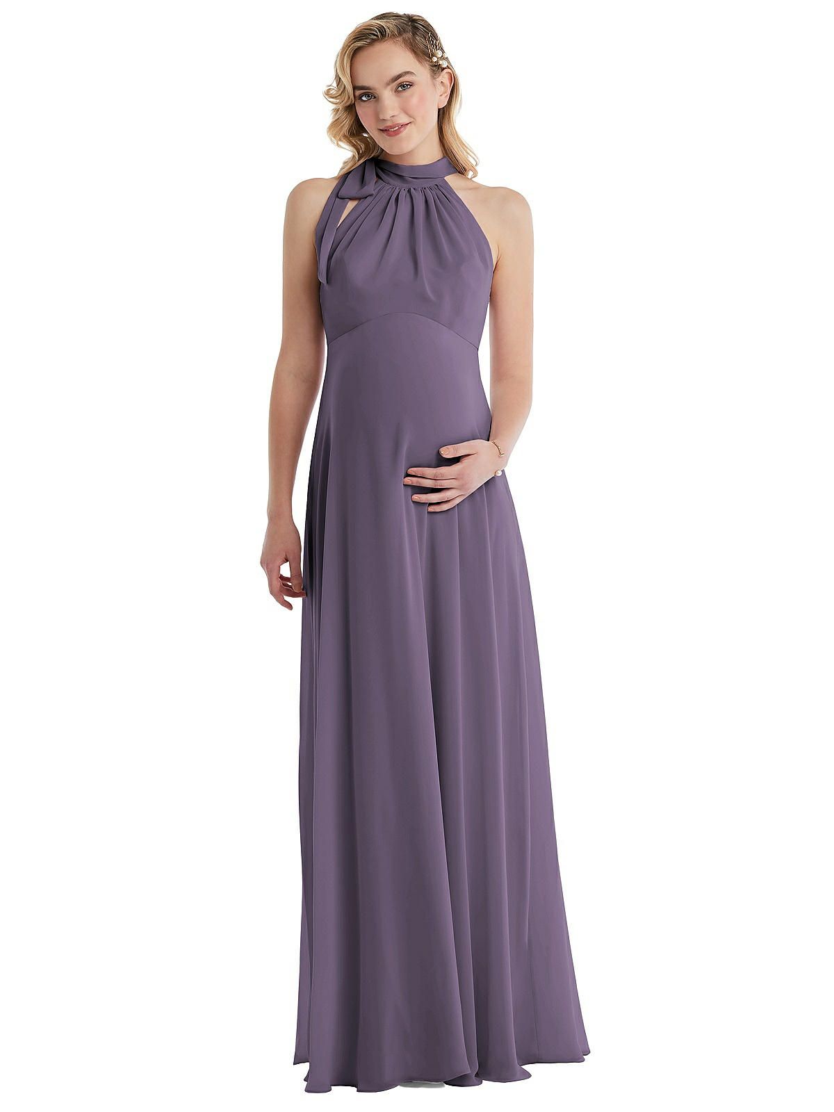 Scarf Tie High Neck Halter Chiffon Maternity Dress in Lavender | The Dessy Group