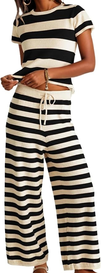 Womens Striped Knit Sets Two Piece Pants Set Short Sleeve Pullover Top And Wide Leg Pants Lounge ... | Amazon (US)
