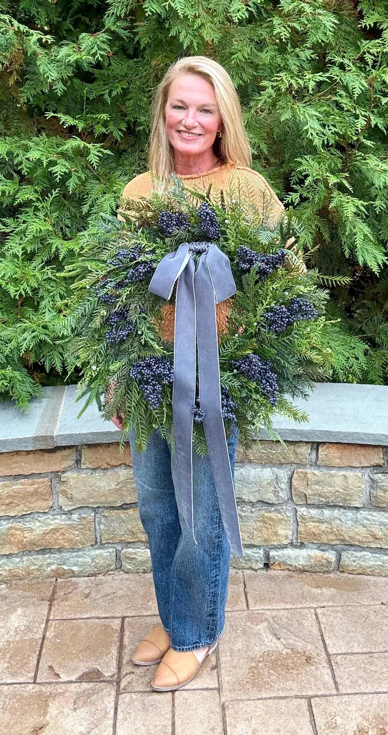 Winter Evergreen Wreath W/ Blue Berries Balsalm Fir Cedar Juniper and Eucalyptus, Christmas Wreat... | Etsy (US)