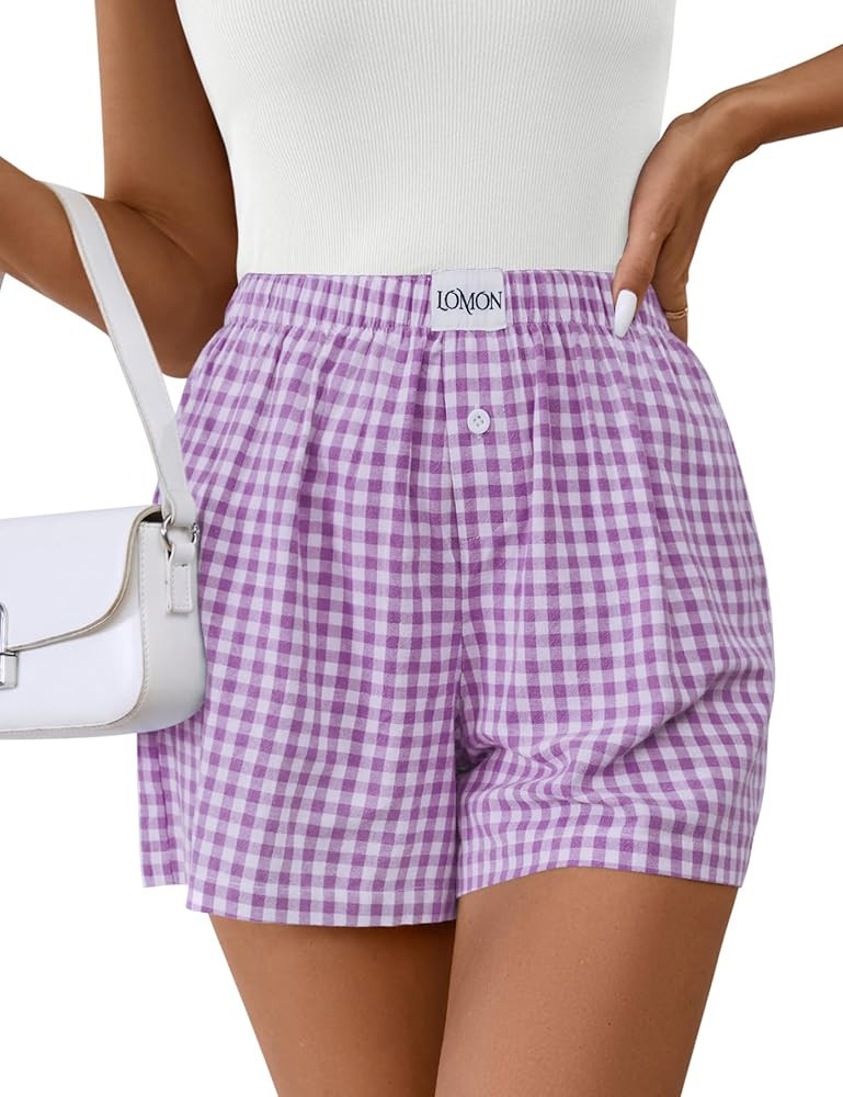LOMON Womens Boxer Shorts Casual Summer Cotton Pajama Lounge Sleep Pj Gingham Plaid Shorts Y2K Be... | Amazon (US)