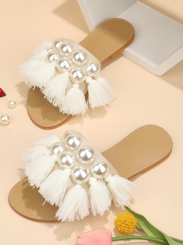 Women Tassel & Faux Pearl Decor Slide Sandals, Fashionable Faux Suede Flat Sandals | SHEIN