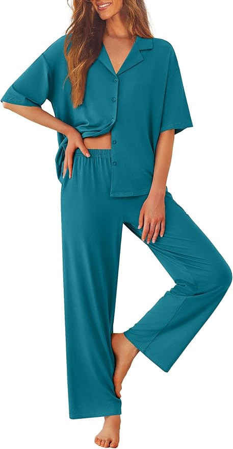 Ekouaer Women Pajamas Set Button Down Sleepwear Short Sleeve Pjs Soft Comfy Nightwear with Long P... | Amazon (US)