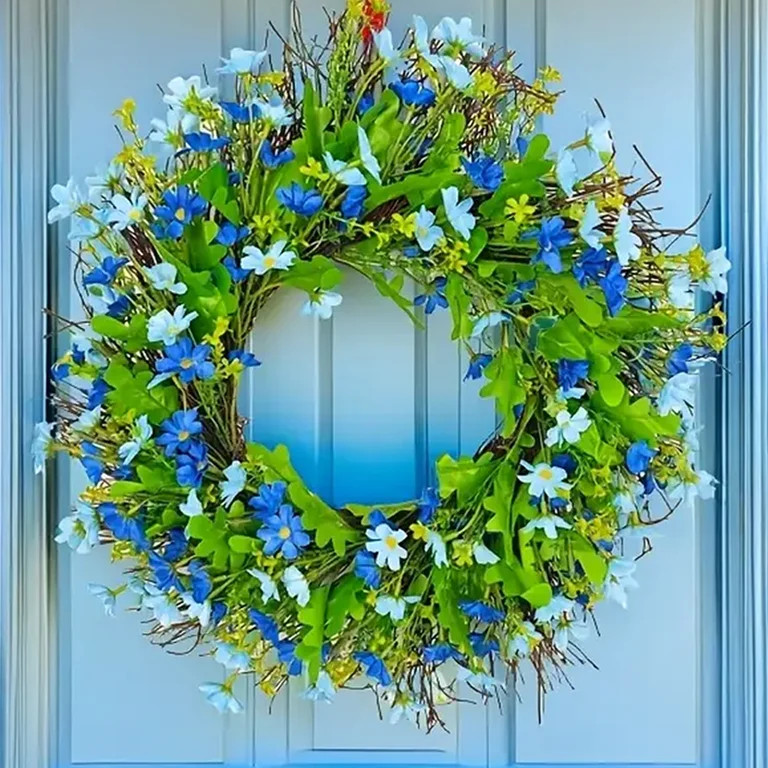 Farship Spring Wreath 18" Wildflower Wreaths for Front Door  Indoor Outdoor Home Decor with Blue ... | Walmart (US)