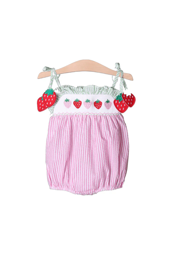Smocked Strawberry Pink/Green Seersucker Bubble | The Smocked Flamingo
