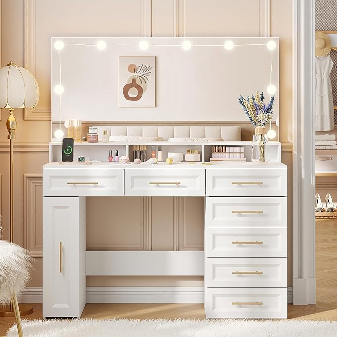 Vabches 47" Vanity Desk with Lights and Large Mirror,Makeup Vanity with 8 Drawers & Charging Stat... | Amazon (US)