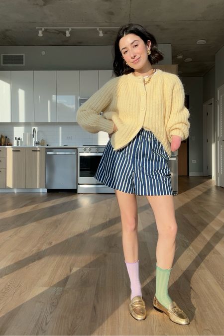 my formula for the spring summer cool girl look — boxers, white tee, cardigan, fun socks, lots and lots of jewelry, and loafers! 