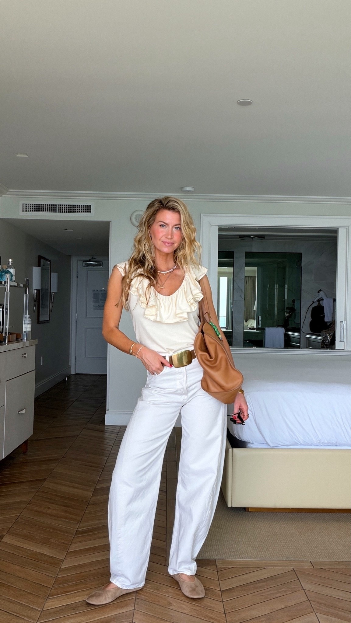 All cream for a day of shopping at fashion island. 

Cream ruffle top: TTS, wearing a S
Ivory barrel jeans: run TTS, wearing 25
Nude suede ballet flats: TTS

Classic Ray bans, cognac leather Parker Thatch bag, Dorsey tennis necklace, matte gold suede belt, mixed metal tbar necklace

#LTKootd #LTKgrwm #LTKdayinmylife