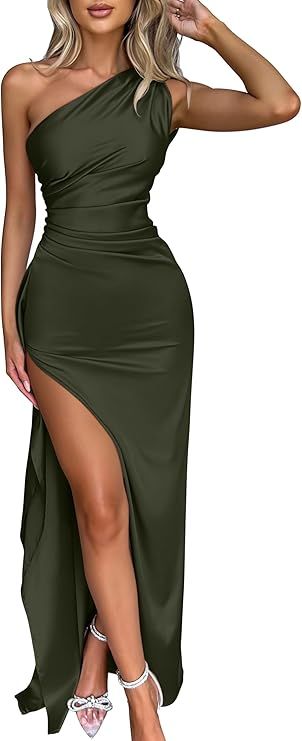 Memoriesea Women's Sexy One Shoulder Satin High Split Cocktail Wedding Party Maxi Dress | Amazon (US)