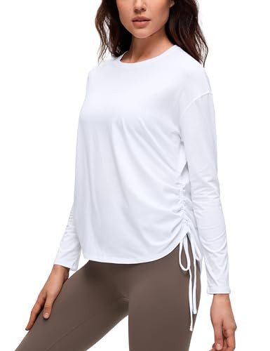 CRZ YOGA Pima Cotton Side Ruched Shirts for Women - Casual Workout Yoga Long Sleeve Tops Loose Cr... | Amazon (US)