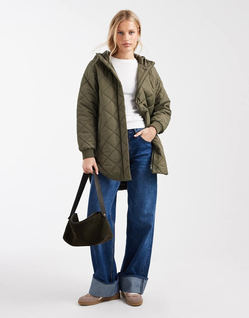 ONLY quilted hooded longline coat in khaki-Green | ASOS (Global)