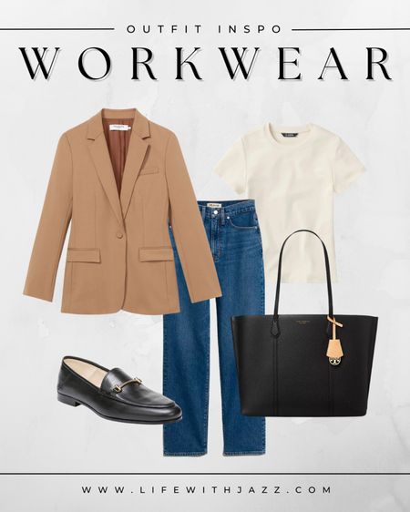 Business casual outfit for spring 

- office outfit, workwear, camel blazer, jeans, tshirt, loafers, tote bag 

#LTKstyletip #LTKworkwear