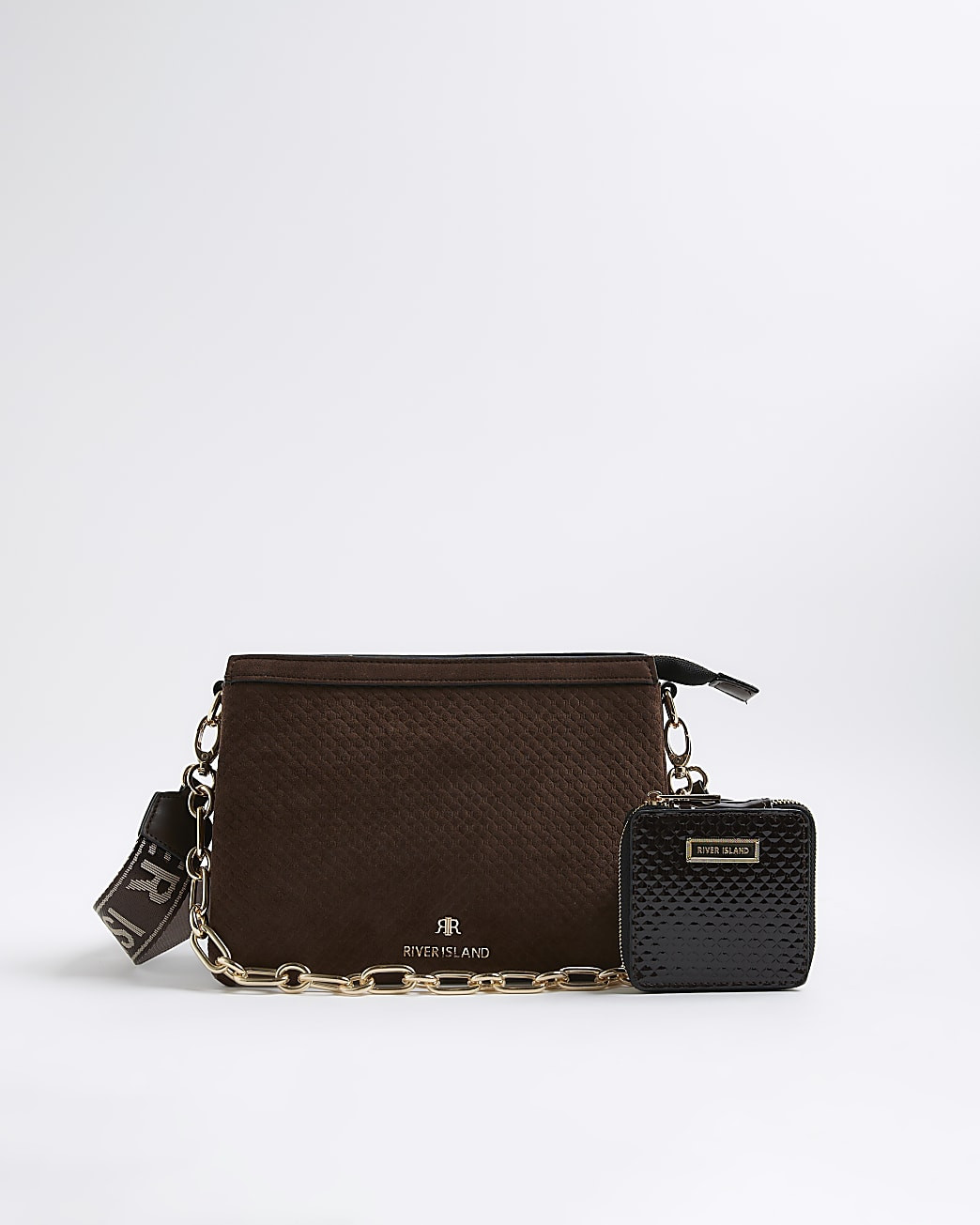 Brown Faux Suede Monogram Cross Body Bag | River Island UK & IE